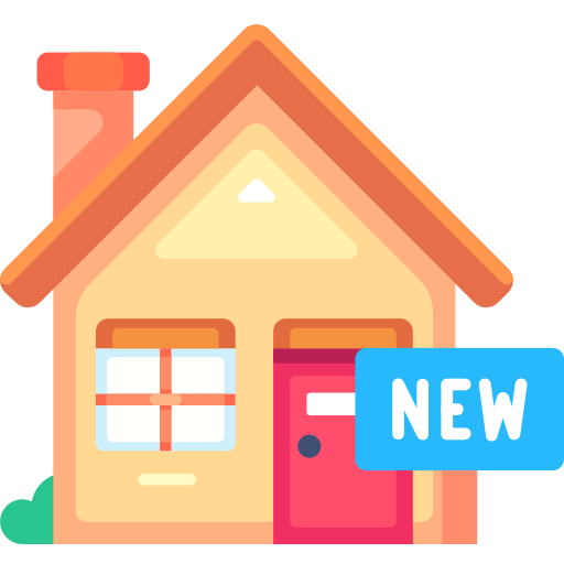 Icono de un hogar, tiene el techo en forma de triángulo, la puerta es roja y tiene una ventana del lado izquierdo, con una chimenea de ese mismo lado, y tiene un letrero de NEW, haciendo referencia a la sección de productos de hogar en la tienda mayorista